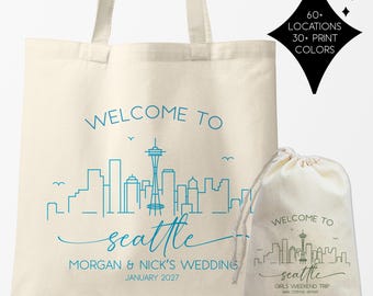 Seattle Wedding Welcome Tote Bags | Seattle Bachelorette Gift Bags | Seattle Skyline Tote