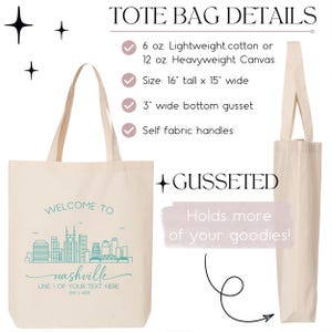 May include: Cream-colored tote bag with the text "WELCOME TO nashville" and a teal skyline graphic. The bag is 16 inches tall, 15 inches wide, and has a 3-inch gusset. It features self-fabric handles and is made of lightweight cotton or heavyweight canvas.