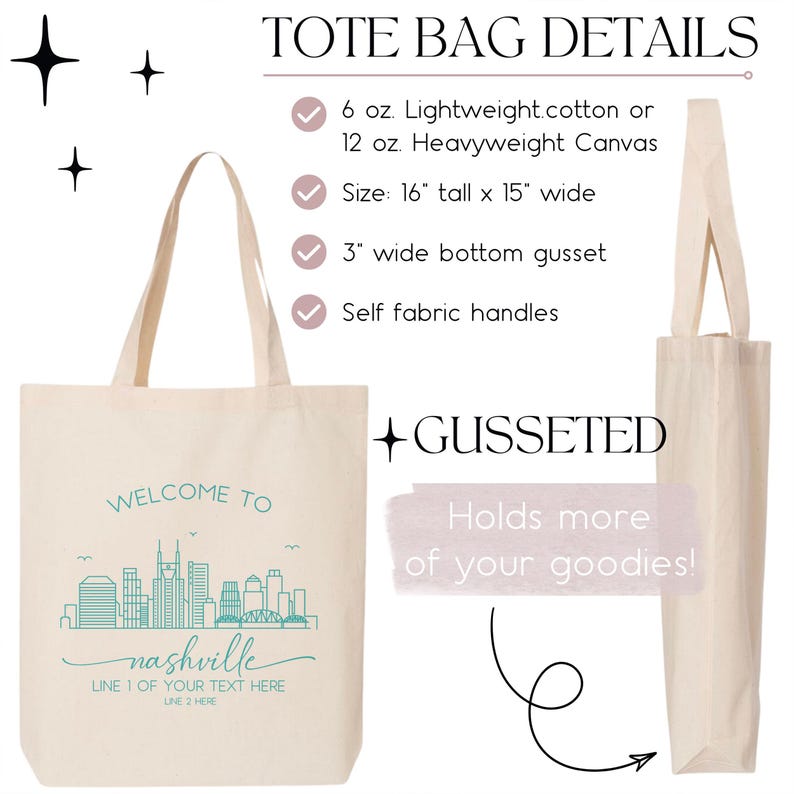 May include: Cream-colored tote bag with the text "WELCOME TO nashville" and a teal skyline graphic. The bag is 16 inches tall, 15 inches wide, and has a 3-inch gusset. It features self-fabric handles and is made of lightweight cotton or heavyweight canvas.