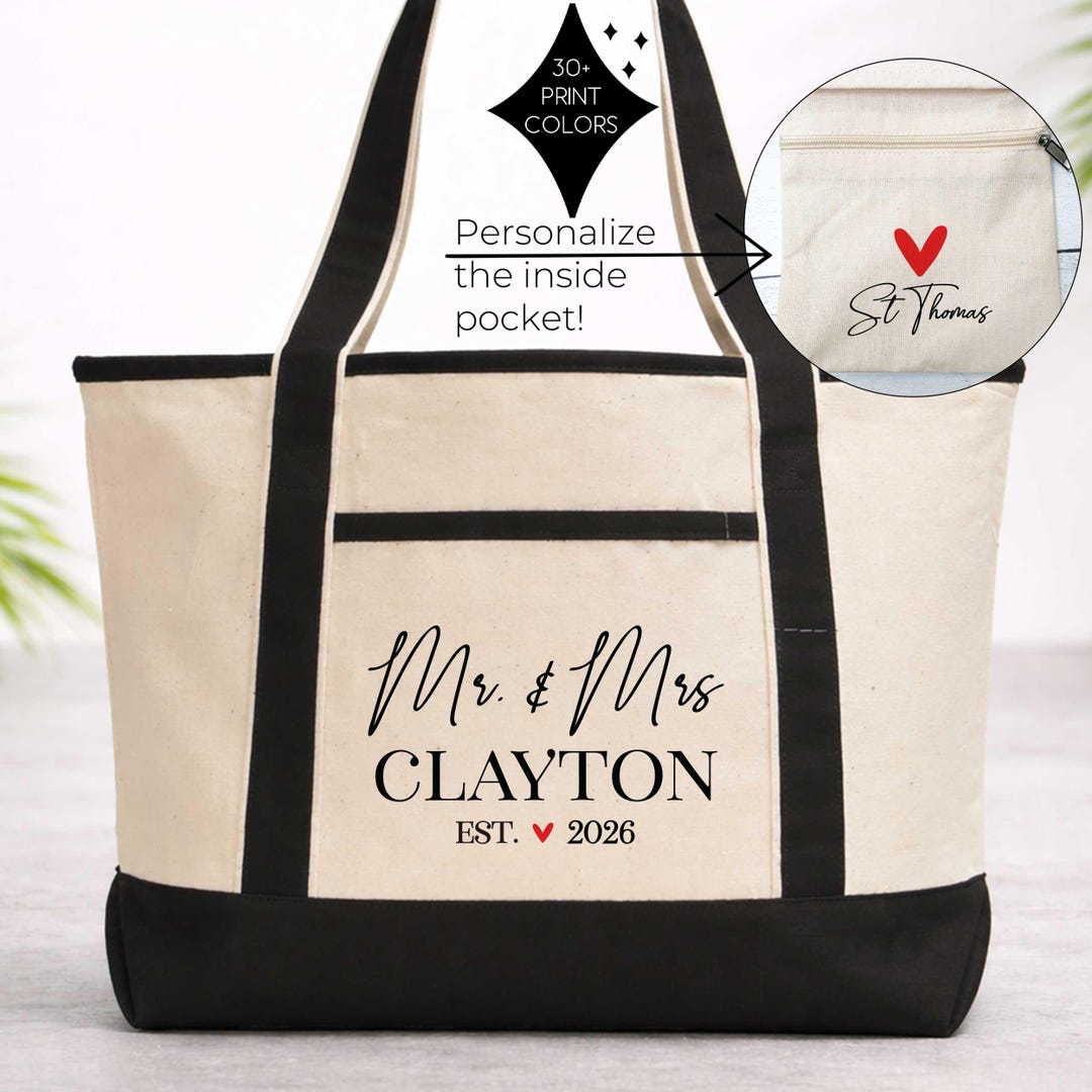 Mr And Mrs Honeymoon Tote Personalized | Last Name Wedding Gift | Established Year Beach Bag - Large Black/Natural, No. Bag Only