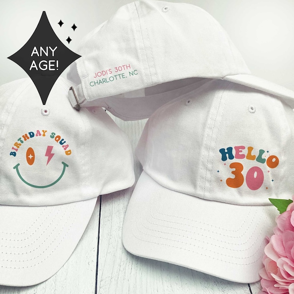 Retro 30th Birthday Hat - Hello 30 Custom Birthday Hats - Groovy Birthday Squad Hats - Women's Birthday Hats with Smiley Face - 70s Party