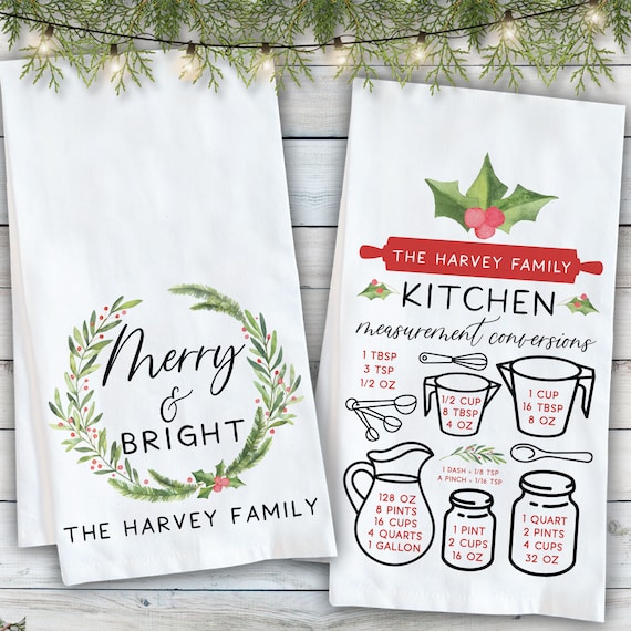 Christmas Decor for the Home - Custom Tea Towel with Name. Cotton Dish Cloth Kitchen Towel Personalized Holiday Gifts for Cook - Family Gift