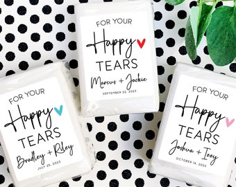 Wedding Tissue Packs - Bulk Wedding Tissue Favors + Personalized Labels, Modern Wedding Favor Labels, Happy Tears Wedding Tissues for Guests