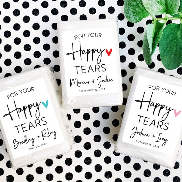 Wedding Tissue Packs - Bulk Wedding Tissue Favors + Personalized Labels, Modern Wedding Favor Labels, Happy Tears Wedding Tissues for Guests