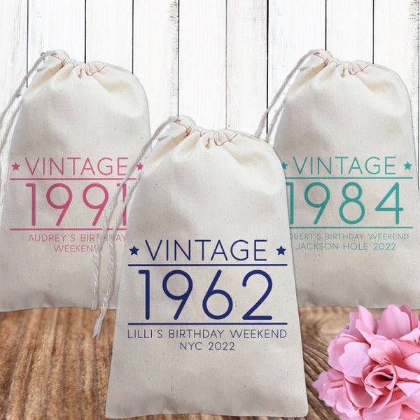 Womens Birthday Favor Bags   Custom Vintage Year Birthday Bags   Personalized Canvas Drawstring Bags  Adult Birthday Favors