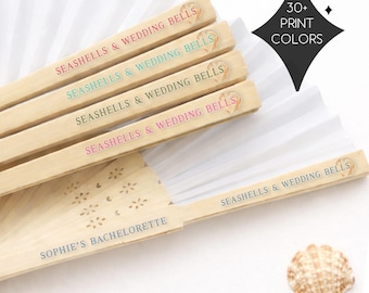 Personalized Seashells & Wedding Bells Hand Fan | Coastal Bachelorette Party Favor