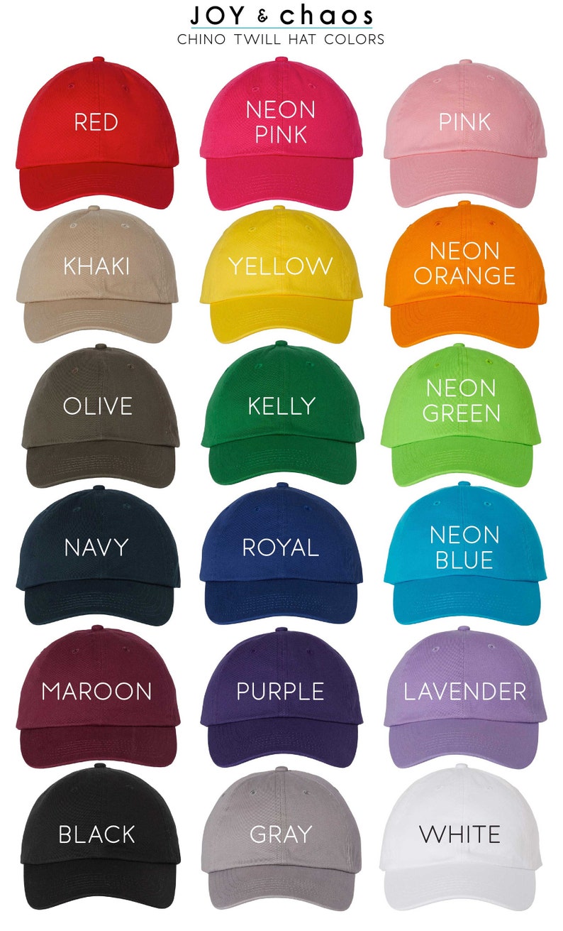 May include: A collection of 15 baseball caps in various colors, including red, pink, khaki, yellow, orange, olive, kelly green, navy, royal blue, neon blue, maroon, purple, lavender, black, gray, and white. The caps are arranged in a grid pattern with the color name printed on each cap.