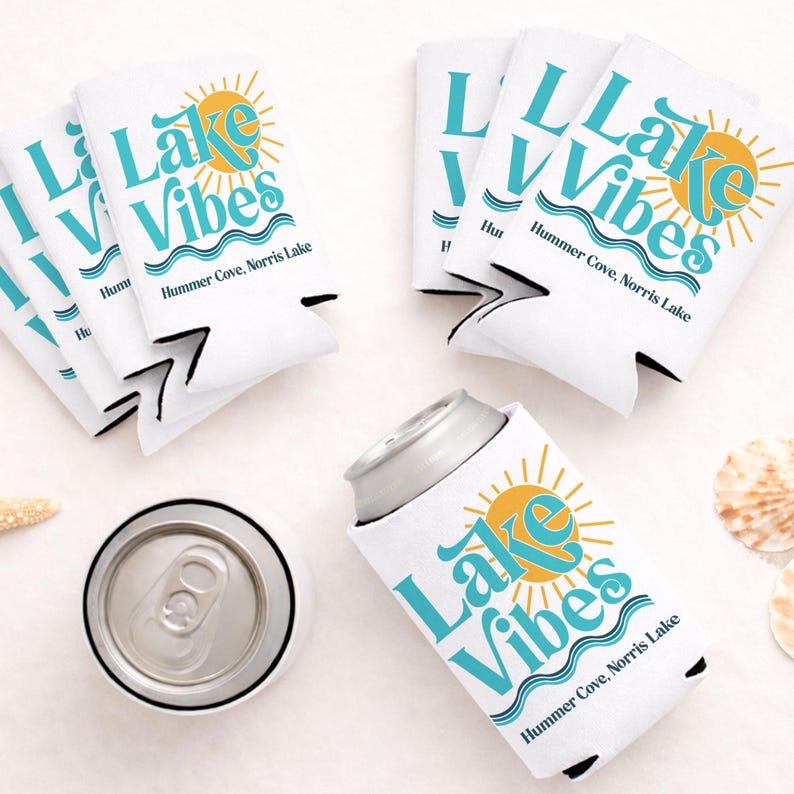 Personalized Lake Vibes or Lake Life Can Coolers | Lake Bachelorette Party Favors | Girls Trip & Family Vacation Gifts image 1