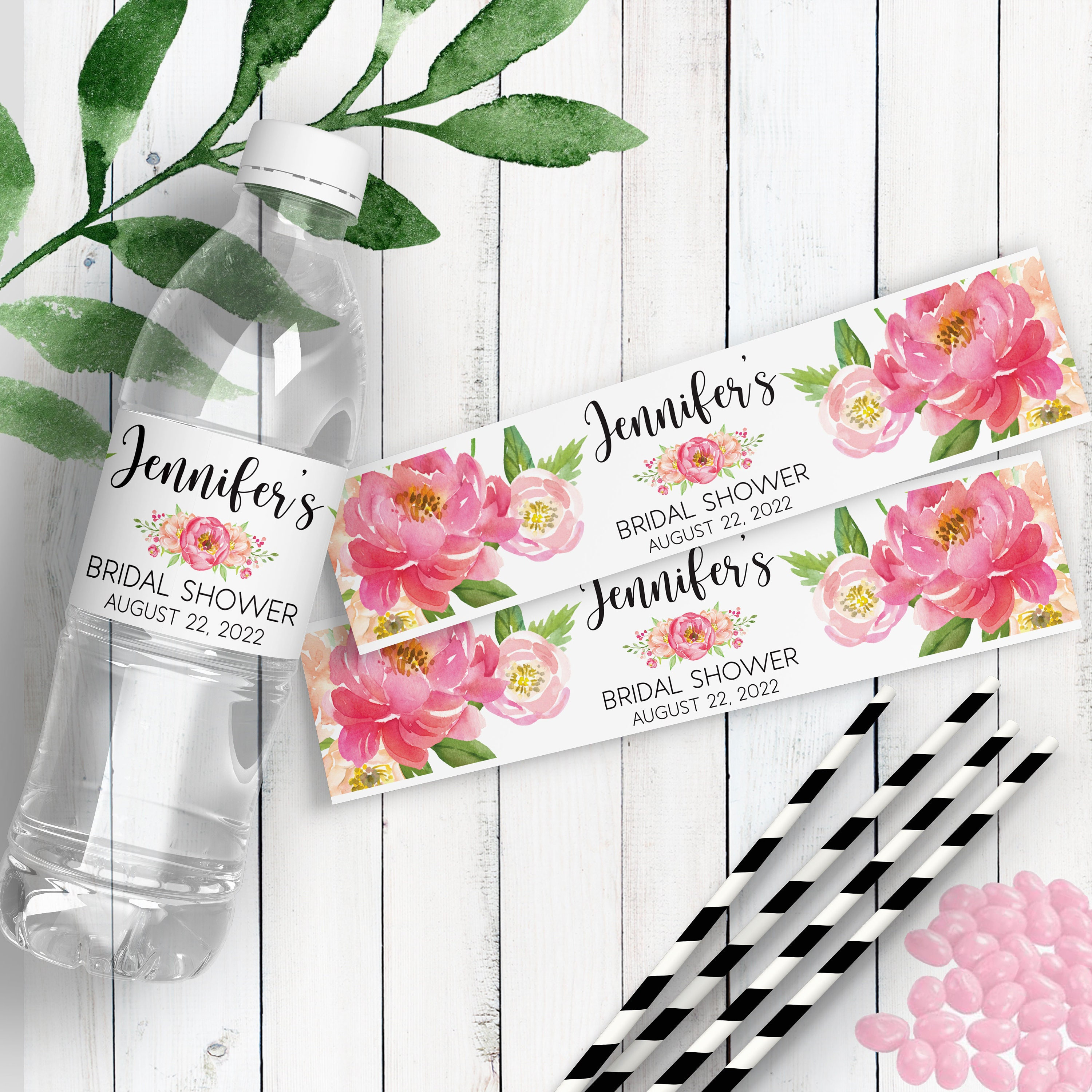 Floral Bridal Shower Supplies Custom Water Bottle Labels Spring Bridal Shower Decorations Pastel Pink Peony Water Bottle
