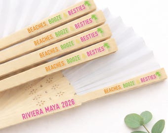 Personalized Beach Booze & Besties Party Hand Fan | Tropical Bachelorette or Girls Trip Favor