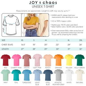 May include: Unisex t-shirt size chart with measurements in inches. The chart shows the chest and length measurements for sizes XS to 2XL. The chart also includes a colour chart with 16 different colours of t-shirts.