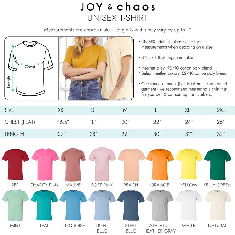 May include: Unisex t-shirt size chart with measurements in inches. The chart shows the chest and length measurements for sizes XS to 2XL. The chart also includes a colour chart with 16 different colours of t-shirts.