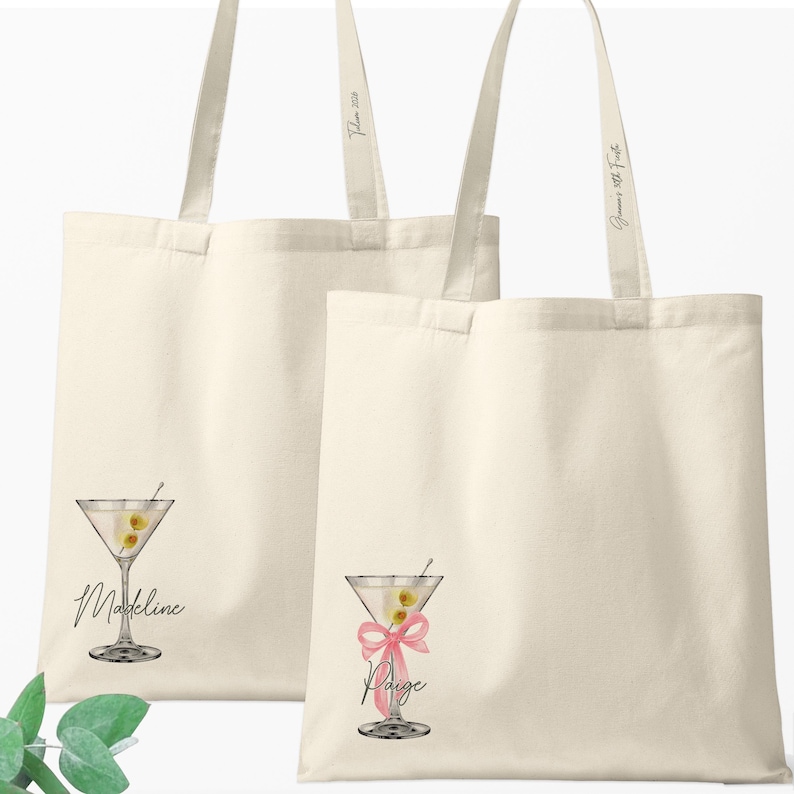 Martini Tote Bags with Name | Dirty Martini Custom Cocktail Bags | Classy Bachelorette Party image 1