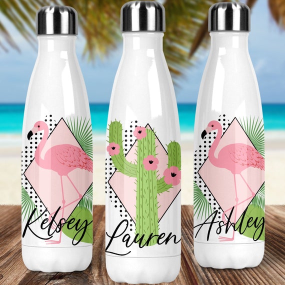 Bridesmaid Water Bottle with Name Custom Metal Bottle - Flamingo or Cactus Il_570xn