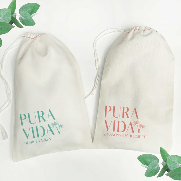 Pura Vida Bags with Palm Tree, Custom Costa Rica Wedding Favor Bags, Costa Rica Vacation Gift Bags for Birthday Trip, Drawstring Gift Bags