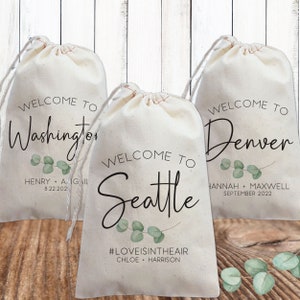 Eucalyptus City Wedding Favor Bags - Destination Wedding Welcome Bags - Wedding Guest Gift Bags - Greenery Leaf  Drawstring Canvas Bags