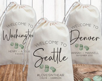 Eucalyptus City Wedding Favor Bags - Destination Wedding Welcome Bags - Wedding Guest Gift Bags - Greenery Leaf  Drawstring Canvas Bags