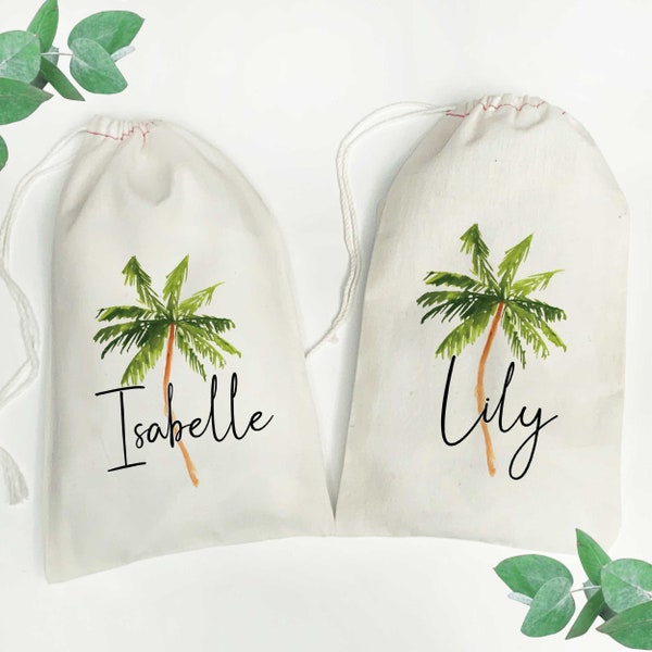 Palm Tree Gift Bags, Personalized Beach Party Favor Bags for Tropical Birthday or Bachelorette, Small Drawstring Canvas Bags with Palm Tree