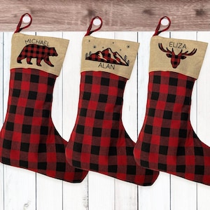 Rustic Christmas Decor for Cabin - Personalized Stocking for Him - Custom Buffalo Check Plaid Stocking - Gift for Hunter - Bear Stocking