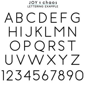 May include: Black uppercase letters and numbers are displayed in a sans-serif font on a white background. The letters A through Z and numbers 1 through 0 are shown. The text "JOY & chaos" and "LETTERING EXAMPLE" are at the top.