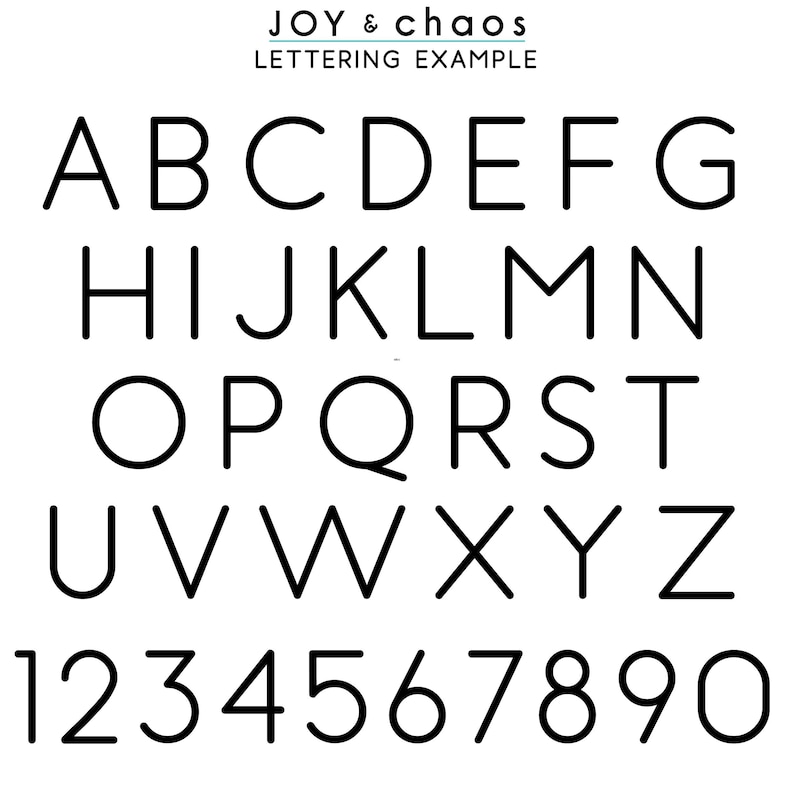 May include: Black uppercase letters and numbers are displayed in a sans-serif font on a white background. The letters A through Z and numbers 1 through 0 are shown. The text "JOY & chaos" and "LETTERING EXAMPLE" are at the top.