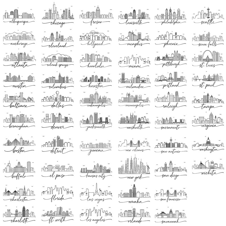 May include: A collection of black and white line art city skylines, each labeled with the city name in a cursive font. Cities include Chicago, New York, and Los Angeles. The art is suitable for home decor.