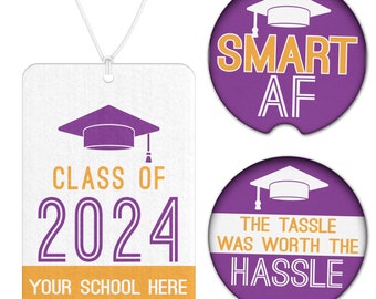 Graduation Gift - Class of 2024 Custom Car Air Freshener + Car Coasters - Car Decor for Graduate - Funny Grad Gift for High School / College