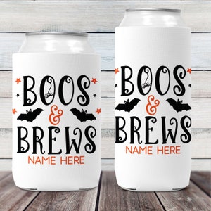 Halloween Party Supplies - Adult Halloween Favors - Funny Halloween Can Cozies - Custom Can Coolers with Names - Boos and Brews Ghost Gifts