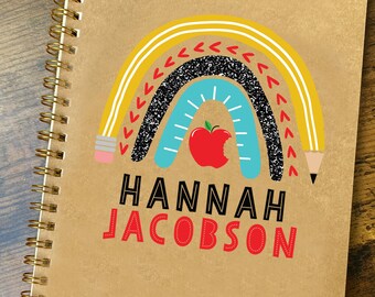 Girls Personalized Notebook with Name - Rainbow School Supplies - Custom Journal for Kids - Spiral Bound Ruled Diary - Small Blank Notebooks