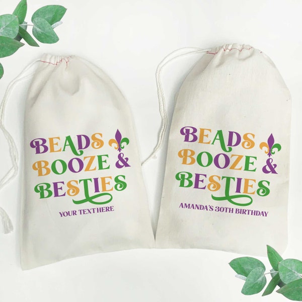 Beads Booze and Besties New Orleans Bags - Custom NOLA Favor Bags for Mardi Gras Birthday - Drawstring Bags - Girls Trip Favors
