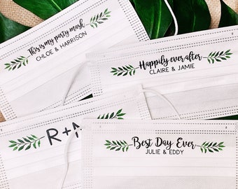 Custom Wedding Face Masks for Guests, Personalized Bulk Favors, Greenery Disposable Mask Set for Adults, Bulk Reception Masks with Sayings