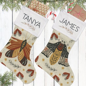 Personalized Stocking with Moth or Butterfly, Custom Linen Stocking with Name, Unique Christmas Stockings, Cottagecore Christmas Decor