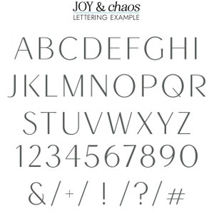 May include: An alphabet font featuring uppercase letters, numbers, and symbols. The font is a simple, clean, and modern sans-serif style. The letters are all in a grey colour. The text "JOY & chaos LETTERING EXAMPLE" is at the top of the image.
