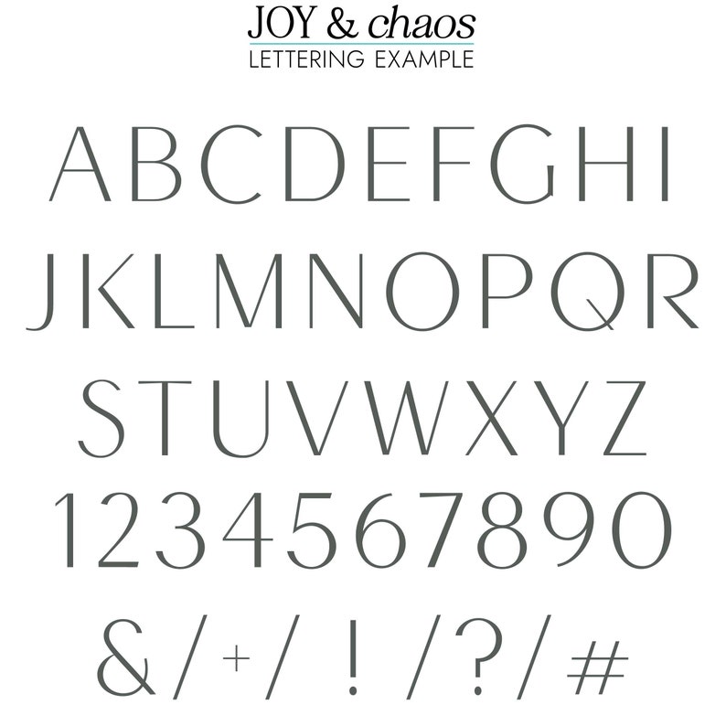 May include: An alphabet font featuring uppercase letters, numbers, and symbols. The font is a simple, clean, and modern sans-serif style. The letters are all in a grey colour. The text "JOY & chaos LETTERING EXAMPLE" is at the top of the image.