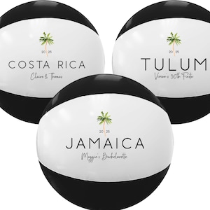 May include: Three black and white beach balls with personalized text. One says "COSTA RICA" with "Claire & Thomas" below, another says "TULUM" with "Vivian's 30th Fiesta", and the last says "JAMAICA" with "Maggie's Bachelorette". Each has a palm tree graphic.