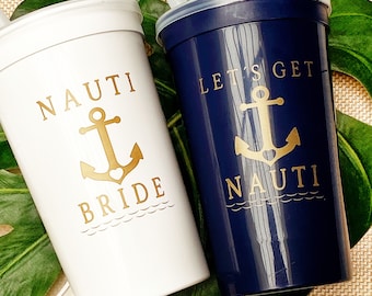 Nautical Bachelorette Party Cups with Straws and Lids, Boat Party Favors, Let's Get Nauti Bride