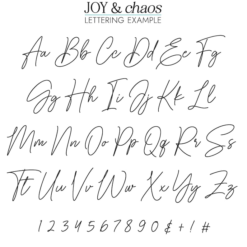 May include: A handwritten font alphabet in black ink on a white background. The alphabet includes uppercase and lowercase letters, numbers, and symbols. The font is a cursive script style.