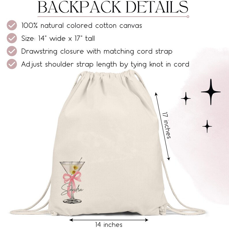 Martini Tote Bags with Name | Dirty Martini Custom Cocktail Bags | Classy Bachelorette Party Backpack