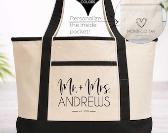 Honeymoon Beach Tote Personalized | Mr And Mrs Tote Bag | Newlywed Wedding Gift Custom Beach Bag