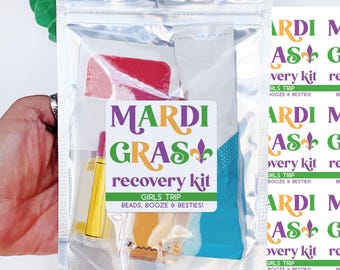 Mardi Gras Recovery Kit Labels and Bags | Personalized New Orleans Recovery Bag | Custom Party Favor Bag | Customizable Hangover Kit Sticker