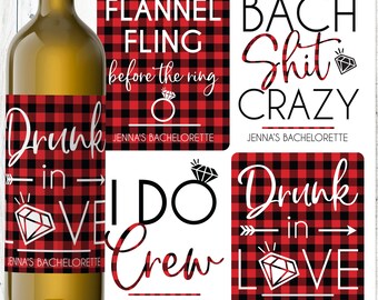 Flannel Fling Decor - Plaid Bachelorette Party Wine Labels Custom - Cabin Bachelorette Decorations - Bach Party Funny Wine Bottle Stickers