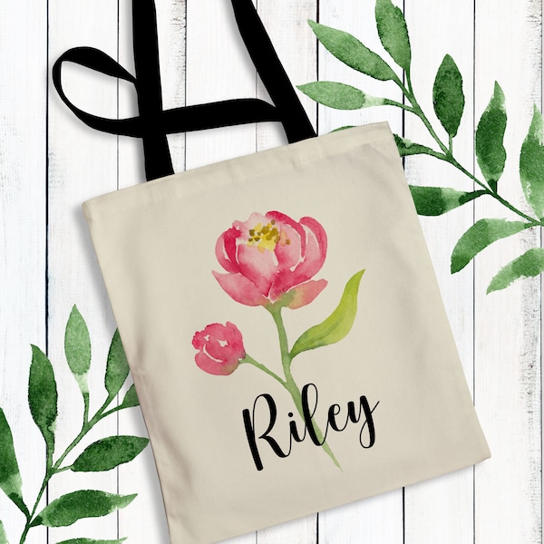 Floral Tote Bag Personalized - Flower Girl Bag with Name - Pastel Pink Peony Bridal Party Gift - Bridesmaid Totes for Spring Garden Wedding