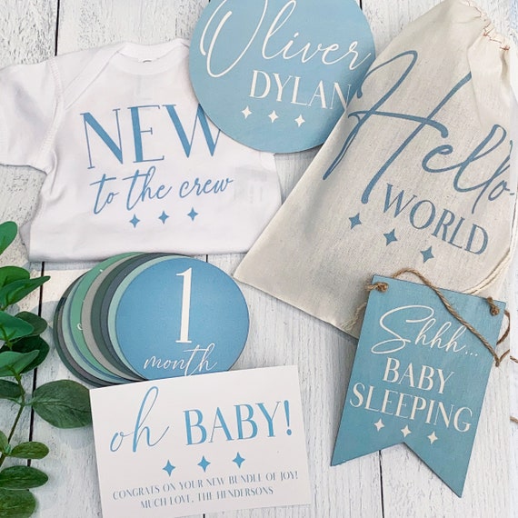 Boy Baby Shower Gift Set with 12 Wooden Milestone Circles, Bodysuit