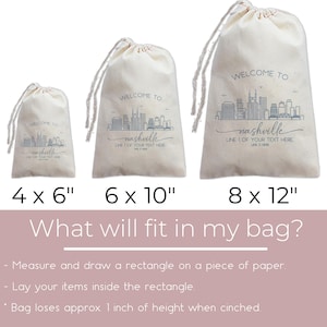 May include: Three canvas drawstring bags with the text "WELCOME TO nashville" and a skyline graphic. Sizes are 4 x 6 inches, 6 x 10 inches, and 8 x 12 inches. The bags have a light beige color and a drawstring closure.