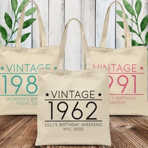 May include: Three beige canvas tote bags with black, teal, and pink text. The bags feature the text "Vintage" and a year, such as "1982" or "1991". The bags also include personalized text, such as "Jackson's Birthday Weekend" or "Lilli's Birthday Weekend".