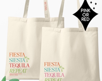 Fiesta Siesta Tequila Repeat Custom Tote Bags for Mexico Trip | Final Fiesta Bachelorette Personalized Bags
