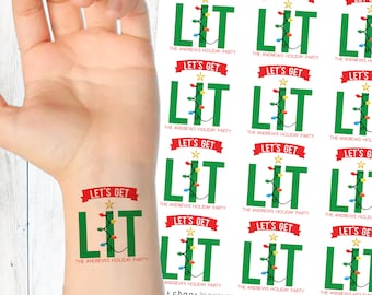 May include: A sheet of temporary tattoos featuring a Christmas tree with lights and the text "Let's Get Lit" with the words "The Andrews Holiday Party" underneath.