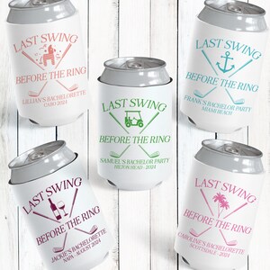 May include: White can coolers with the text "Last Swing Before The Ring" and various graphics, including golf clubs, a golf cart, and an anchor. Each cooler has a different location and date, such as Cabo 2024 and Miami Beach.