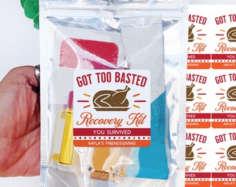 Thanksgiving Hangover Recovery Kit Favor Bags + Stickers | Got Too Basted Funny Thanksgiving Favor Labels | Friendsgiving Dinner Party Favor