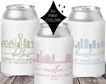 Custom Texas Can Cooler | Austin Skyline Custom Can Cooler | Houston Dallas San Antonio Bachelorette, Birthday Party Favor